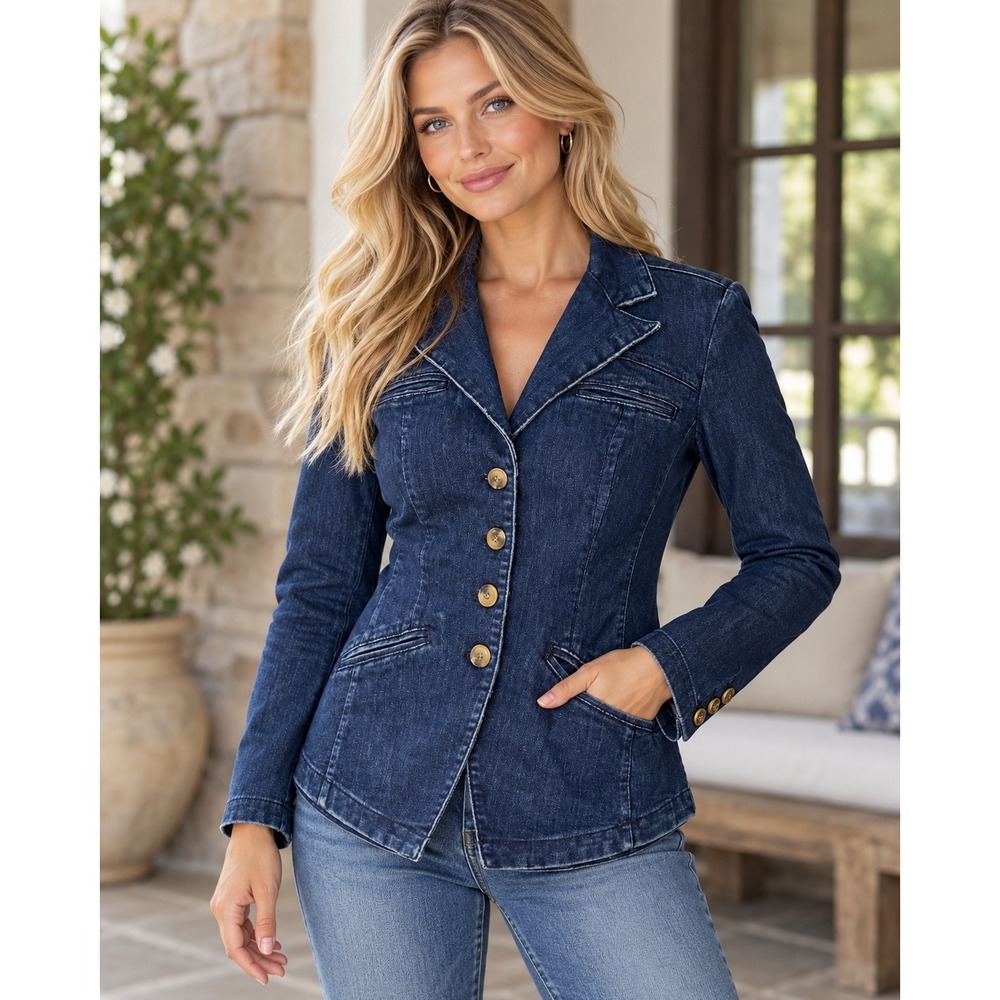 Coldwater Creek Womens Dark Wash Denim Blazer Jacket Indigo Blue Size 4